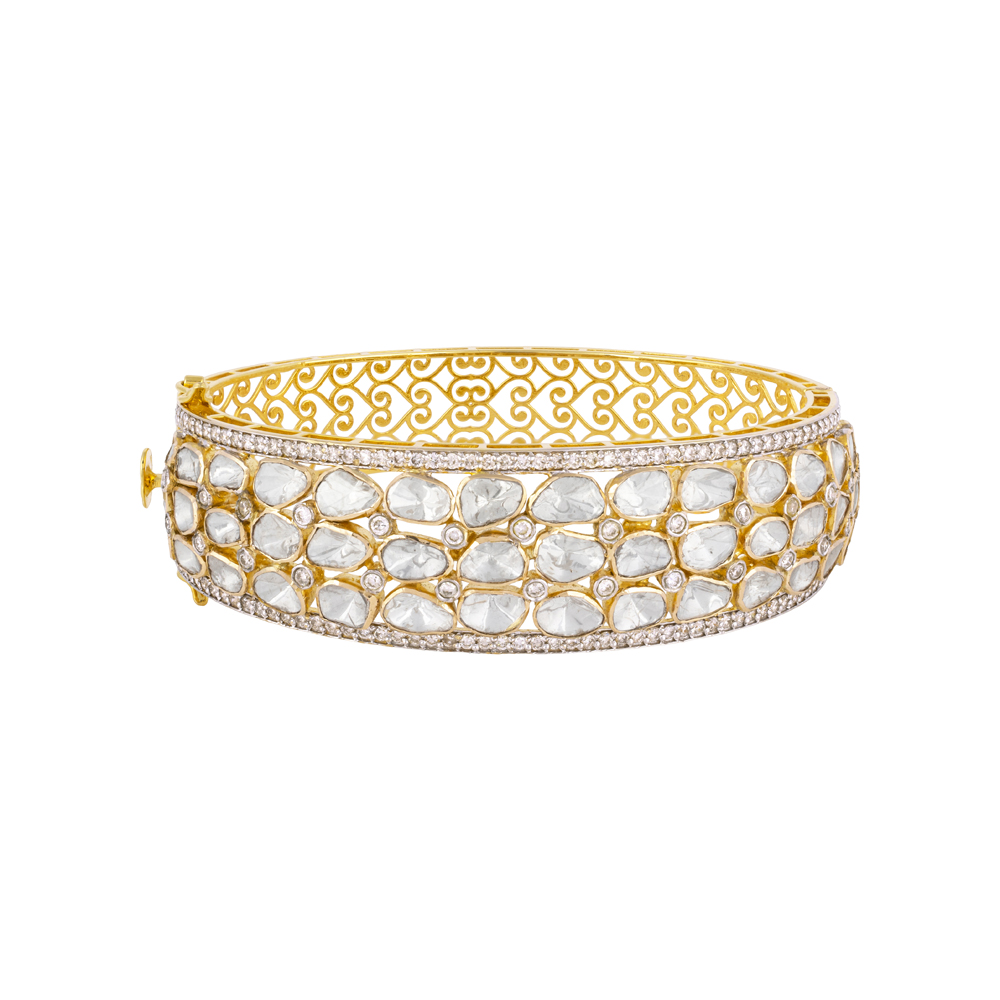 Lattice Open Polki Bangle with Pave Diamond Edges